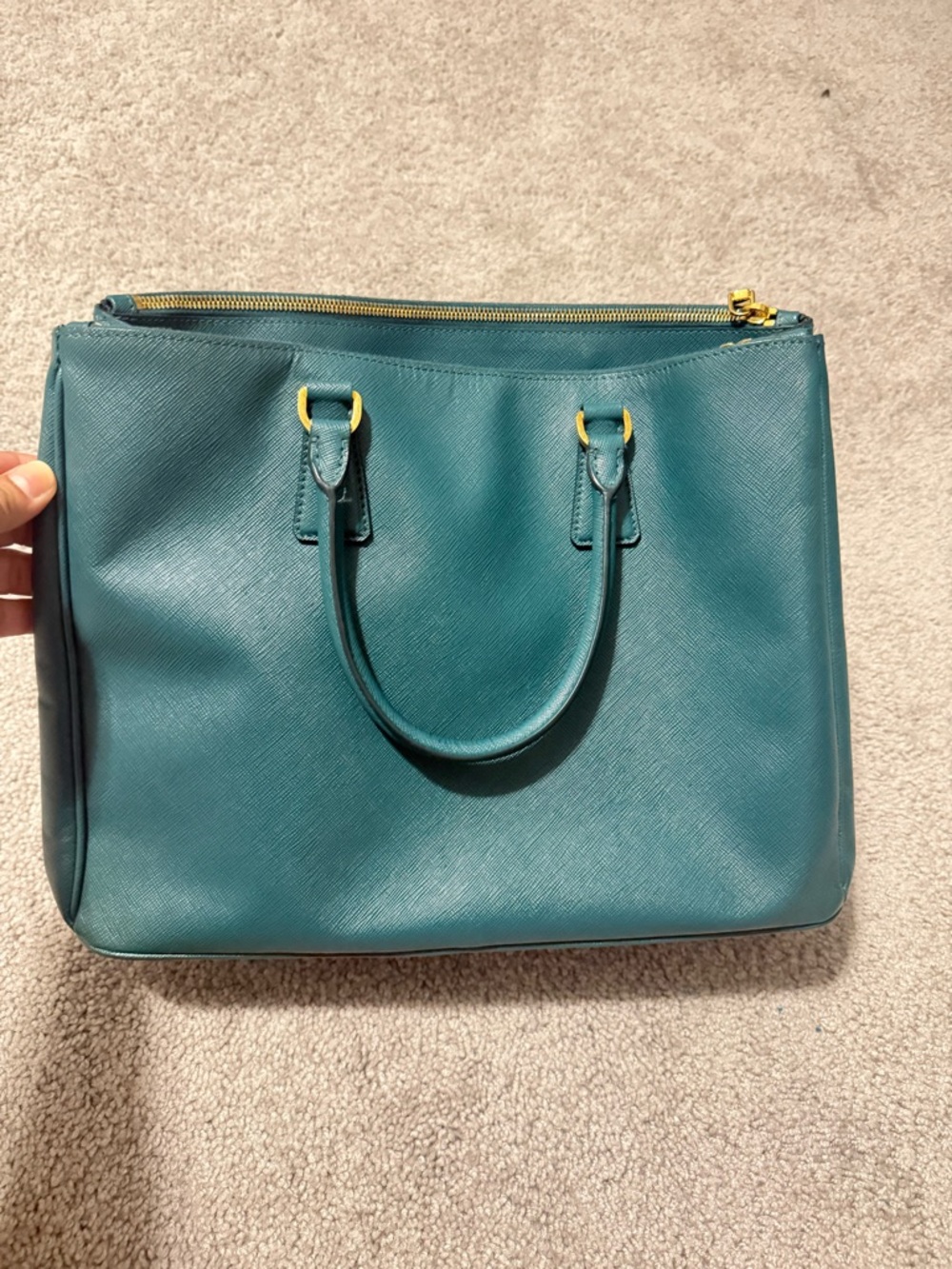 Prada Teal Saffiano Leather Double-Handle Tote with Gold Hardware - Picture 2 of 7